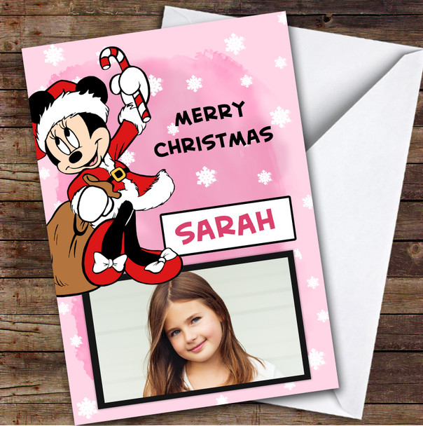 Minnie Mouse Pink Flower Girl's Photo Custom Kids Personalised Christmas Card