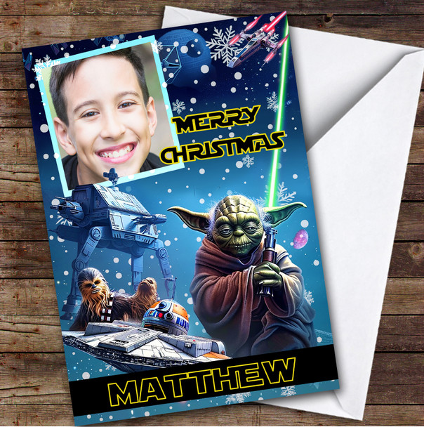 Star Wars Space Yoda Photo Black Custom Kids Personalised Christmas Card