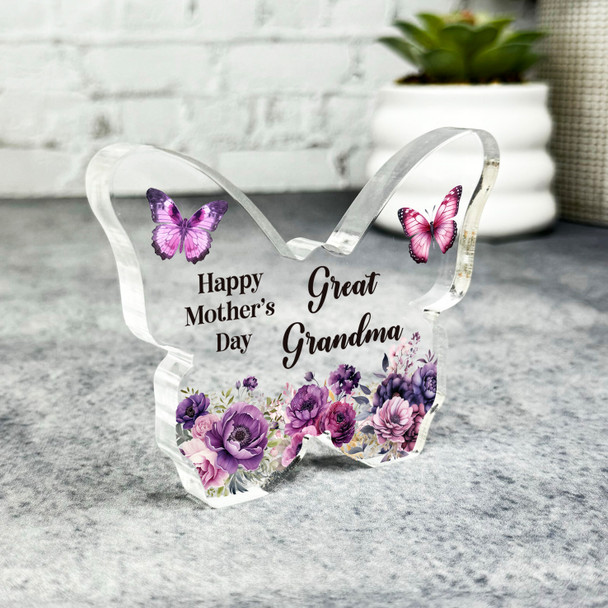 Purple Flowers Happy Mother's Day Gift Great Grandma Keepsake Butterfly Plaque