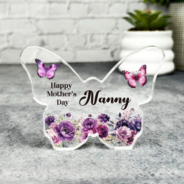 Purple Flowers Happy Mother's Day Gift For Nanny Keepsake Butterfly Plaque