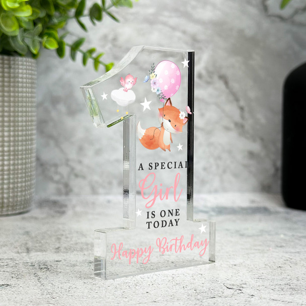 1st Birthday Gift For Girls Pink Balloon Fox Keepsake Number One Ornament Plaque