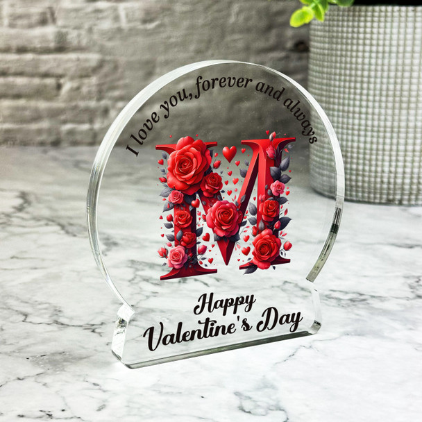 Valentine's Day Gift For Initial M Red Roses Keepsake Snowglobe Ornament Plaque