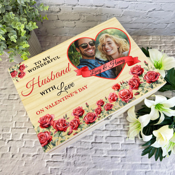 Wooden Romantic Personalised Photo Valentine's Day Hamper Gift Box For Husband