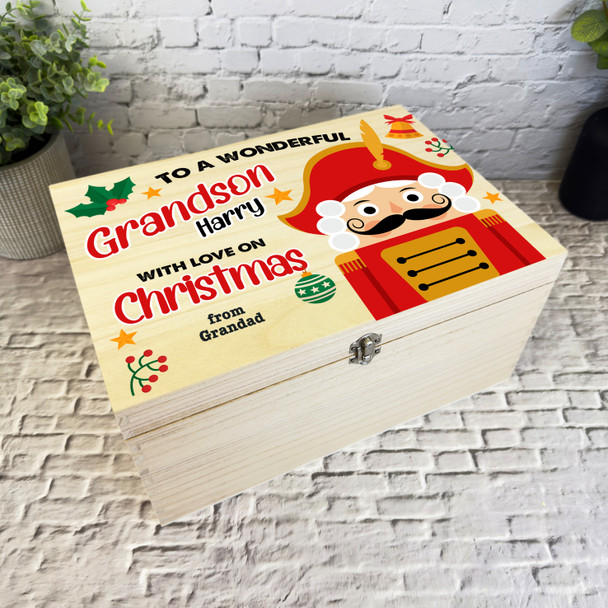 Wooden Personalised Christmas Hamper Gift Box For Grandson Light Skin Nutcracker