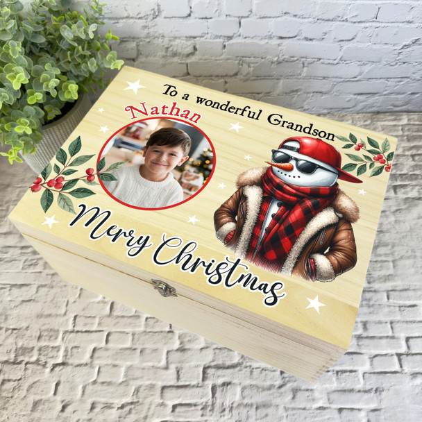 Grandson Snowman Wooden Personalised Photo Children's Christmas Hamper Gift Box