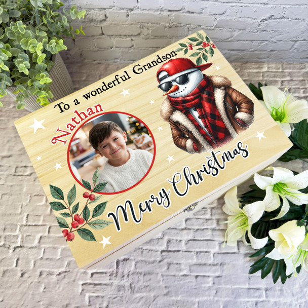 Grandson Snowman Wooden Personalised Photo Children's Christmas Hamper Gift Box