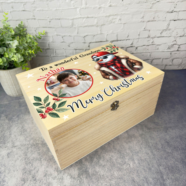 Grandson Snowman Wooden Personalised Photo Children's Christmas Hamper Gift Box
