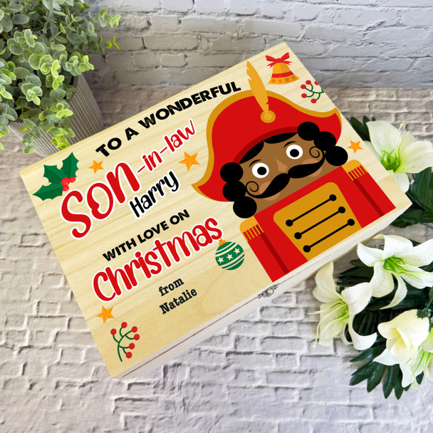 Wood Personalised Christmas Hamper Gift Box For Son-In-Law Dark Skin Nutcracker