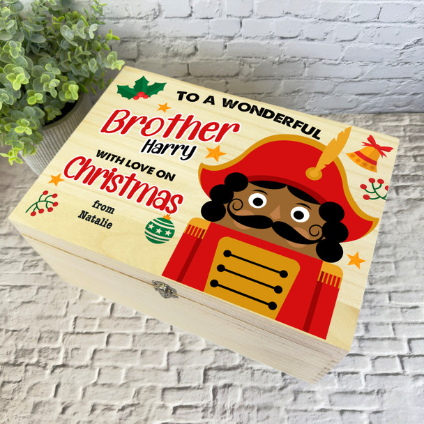 Wooden Personalised Christmas Hamper Gift Box For Brother Dark Skin Nutcracker