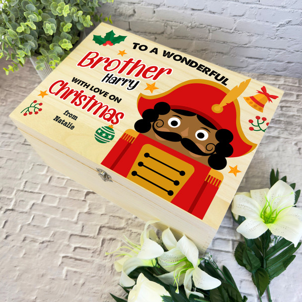 Wooden Personalised Christmas Hamper Gift Box For Brother Dark Skin Nutcracker