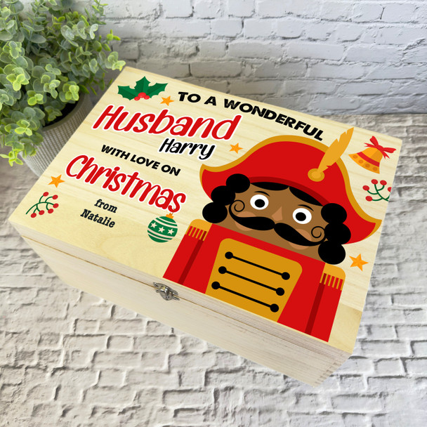 Wooden Personalised Christmas Hamper Gift Box For Husband Dark Skin Nutcracker