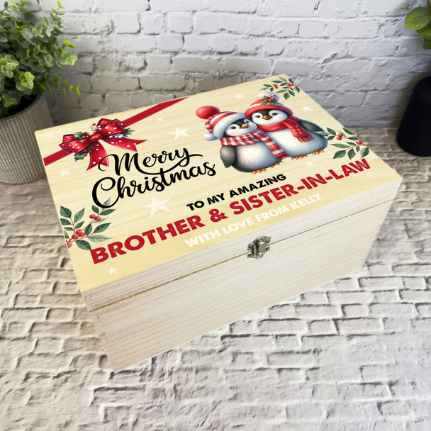 Brother & Sister-In-Law Penguin Wooden Personalised Christmas Hamper Gift Box