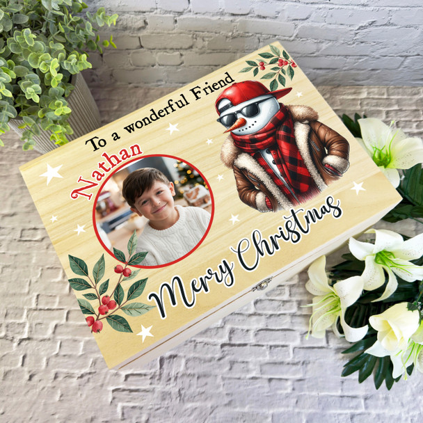 Friend Snowman Wooden Personalised Photo Children's Christmas Hamper Gift Box