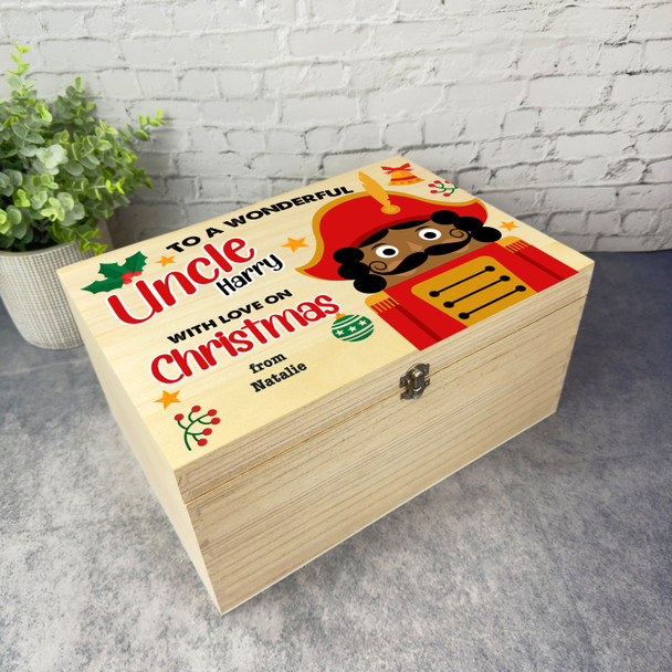 Wooden Personalised Christmas Hamper Gift Box For Uncle Dark Skin Nutcracker