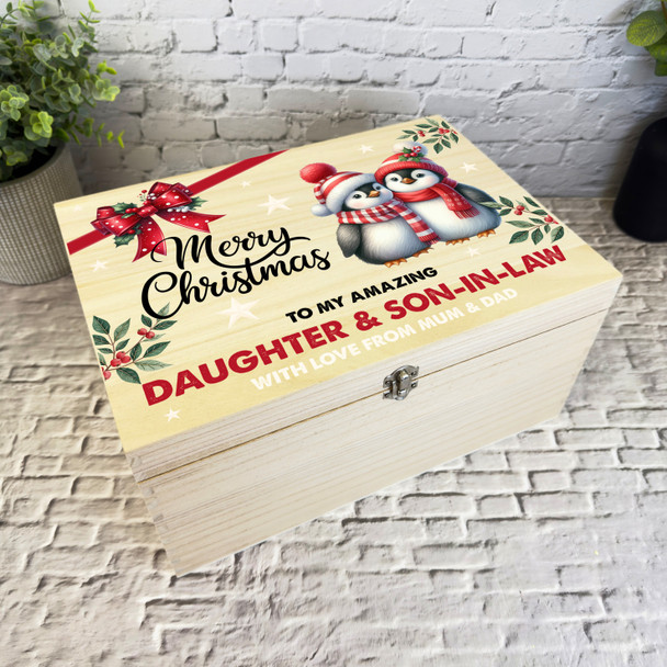 Daughter & Son-In-Law Penguin Wooden Personalised Christmas Hamper Gift Box