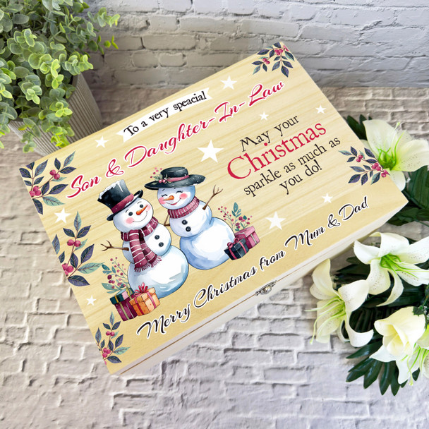 Son & Daughter-In-Law Snowmen Wooden Personalised Christmas Hamper Gift Box Son & Daughter-In-Law Snowmen Wooden Personalised Christmas Hamper Gift Box
