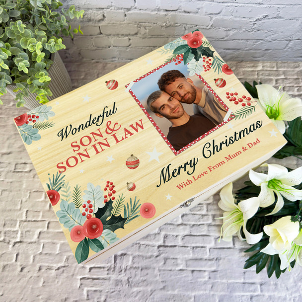 Son & Son-In-Law Floral Wooden Personalised Photo Christmas Hamper Gift Box