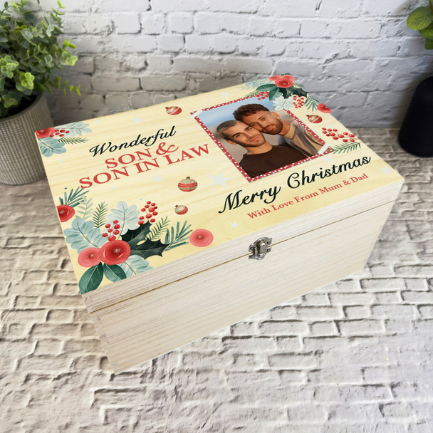 Son & Son-In-Law Floral Wooden Personalised Photo Christmas Hamper Gift Box