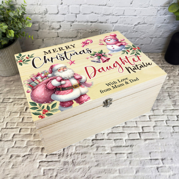 To Daughter Pink Santa Wooden Personalised Christmas Hamper Gift Box