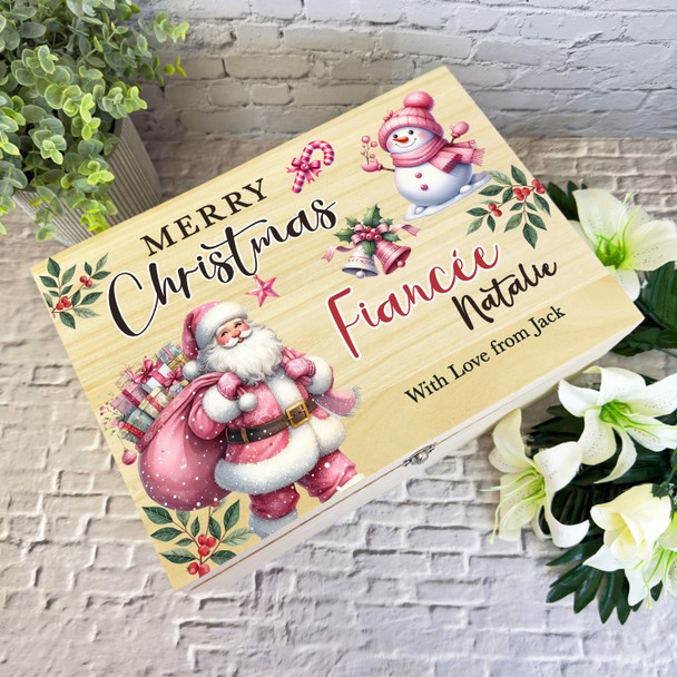 To FiancÃ©e Pink Santa Wooden Personalised Christmas Hamper Gift Box