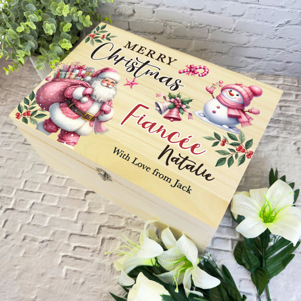To FiancÃ©e Pink Santa Wooden Personalised Christmas Hamper Gift Box