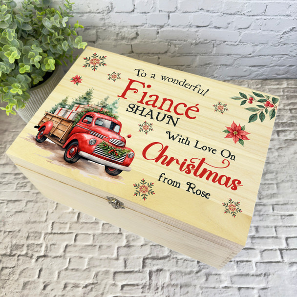 For FiancÃ© Red Truck Wooden Personalised Christmas Hamper Gift Box