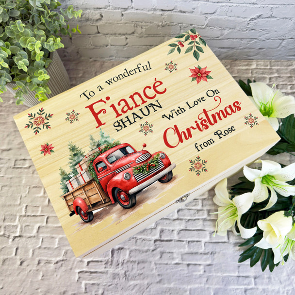 For FiancÃ© Red Truck Wooden Personalised Christmas Hamper Gift Box