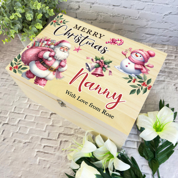 To Nanny Pink Santa Wooden Personalised Christmas Hamper Gift Box