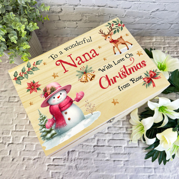 Snowmen Wooden Personalised Christmas Hamper Gift Box For Nana