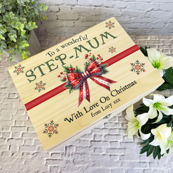 Step-Mum Red Bow Wooden Personalised Christmas Hamper Gift Box