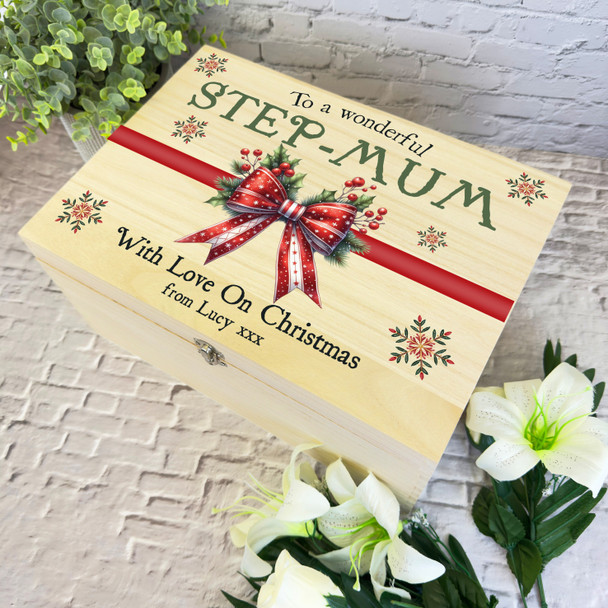 Step-Mum Red Bow Wooden Personalised Christmas Hamper Gift Box