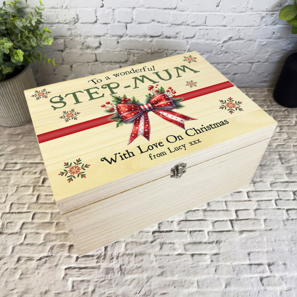 Step-Mum Red Bow Wooden Personalised Christmas Hamper Gift Box