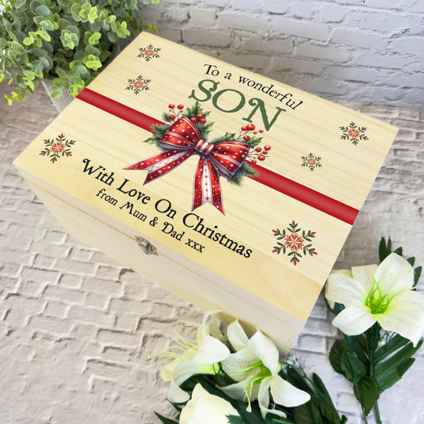 Son Red Bow Wooden Personalised Christmas Hamper Gift Box