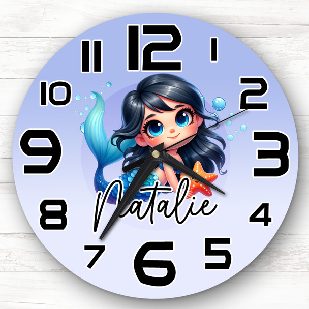 Black Hair Mermaid Personalised Gift For Kid's Bedroom Clock