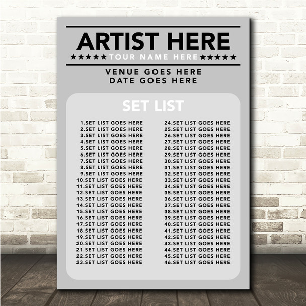 Concert Setlist Poster Print Canvas Grey - Any Artist, Date, Gig, Venue