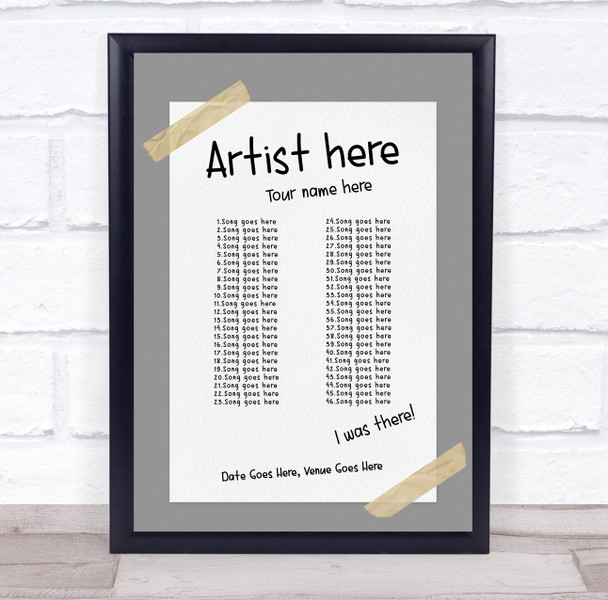 Concert Setlist Poster Print Canvas Grey Tape - Any Artist, Date, Gig, Venue