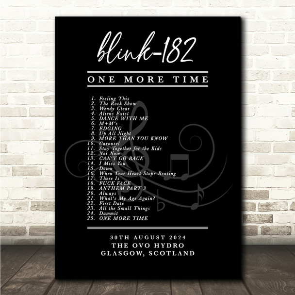 Blink-182 - Concert Setlist Gig Poster Print Canvas Black White - The OVO Hydro Glasgow Scotland - Aug 30th 2024