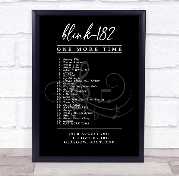 Blink-182 - Concert Setlist Gig Poster Print Canvas Black White - The OVO Hydro Glasgow Scotland - Aug 30th 2024