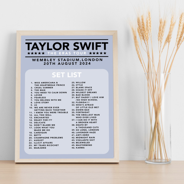 Taylor Swift - Concert Setlist Gig Poster Print Canvas Blue - Wembley London England - Aug 20 2024