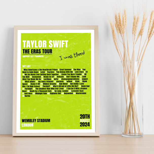 Taylor Swift - Concert Setlist Gig Poster Print Canvas Lime Green - Wembley London England - Aug 20 2024