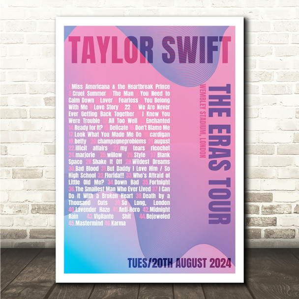 Taylor Swift - Concert Setlist Gig Poster Print Canvas Pink Purple - Wembley London England - Aug 20 2024