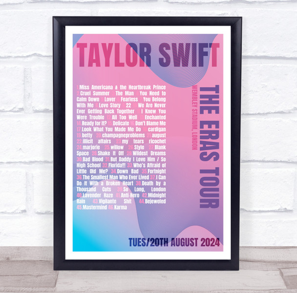 Taylor Swift - Concert Setlist Gig Poster Print Canvas Pink Purple - Wembley London England - Aug 20 2024