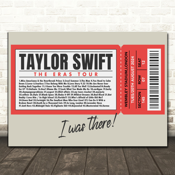 Taylor Swift - Concert Setlist Gig Poster Print Canvas Red Ticket - Wembley London England - Aug 20 2024