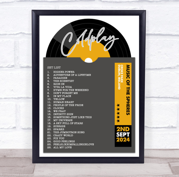 Coldplay - Concert Setlist Gig Poster Print Canvas Grey Vinyl - Croke Park Dublin Ireland - Sept 2nd 2024