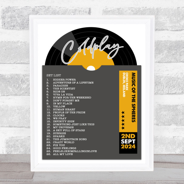 Coldplay - Concert Setlist Gig Poster Print Canvas Grey Vinyl - Croke Park Dublin Ireland - Sept 2nd 2024