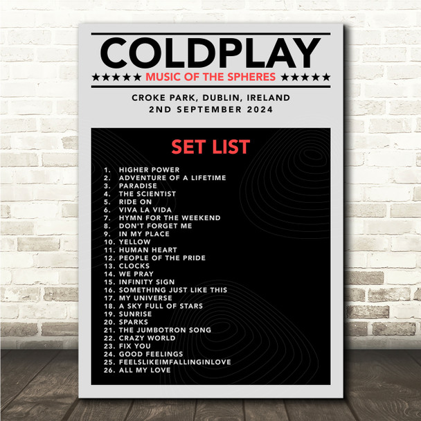 Coldplay - Concert Setlist Gig Poster Print Canvas Grey Black - Croke Park Dublin Ireland - Sept 2nd 2024