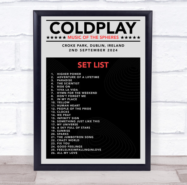 Coldplay - Concert Setlist Gig Poster Print Canvas Grey Black - Croke Park Dublin Ireland - Sept 2nd 2024