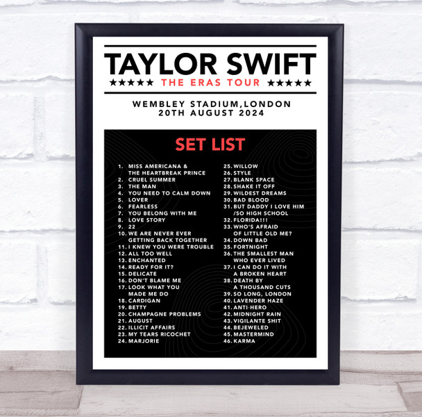 Taylor Swift - Concert Setlist Gig Poster Print Canvas Black White Red - Wembley London England - Aug 20 2024