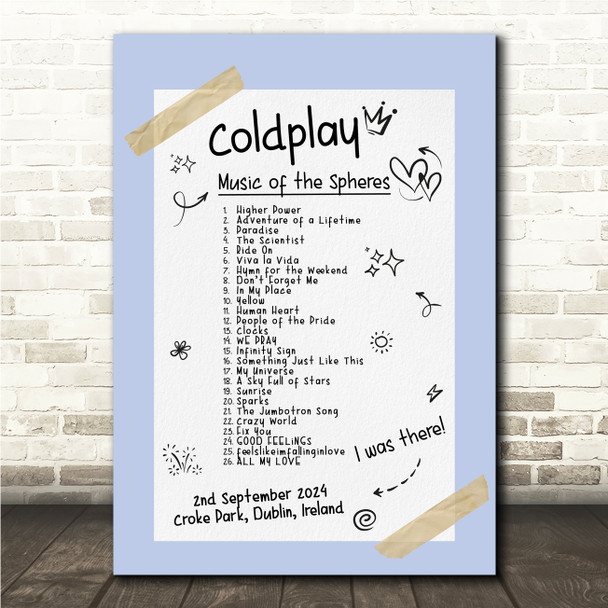 Coldplay - Concert Setlist Gig Poster Print Canvas Blue Doodle - Croke Park Dublin Ireland - Sept 2nd 2024