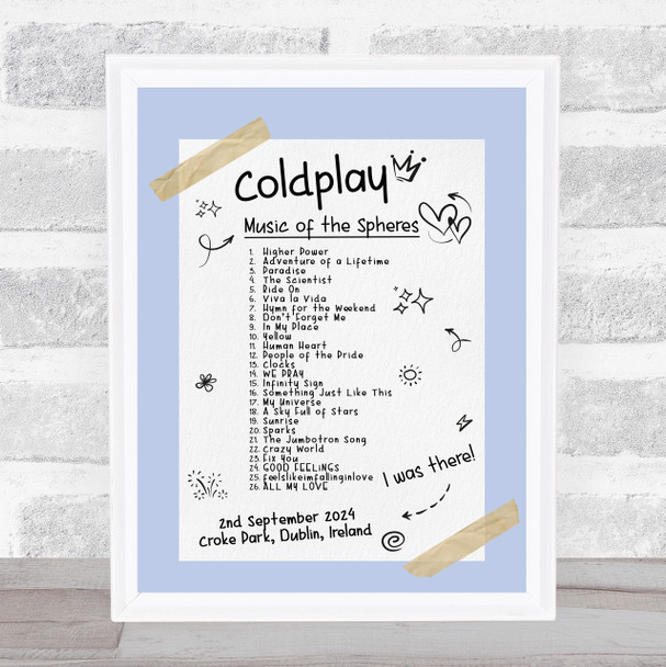 Coldplay - Concert Setlist Gig Poster Print Canvas Blue Doodle - Croke Park Dublin Ireland - Sept 2nd 2024